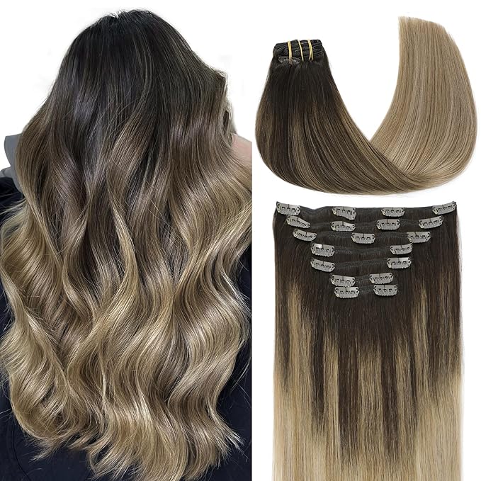 VINBAO Thicker Clip in Hair Extensions Real Human Hair, 16inch 140g 7Pcs, 2/6/18 Balayage Dark Brown to Dirty Blonde, Human Hair Clip in Hair Extensions Double Weft (#HC2618,16'')