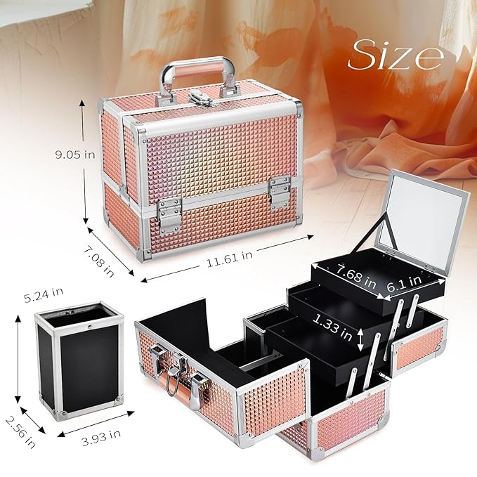 Joligrace Makeup Box 11.6-Inch Cosmetic Train Case for Women Travel Jewelry Organizer with Compartments & Mirror Portable Lockable Make-up Trunk Shiny Style