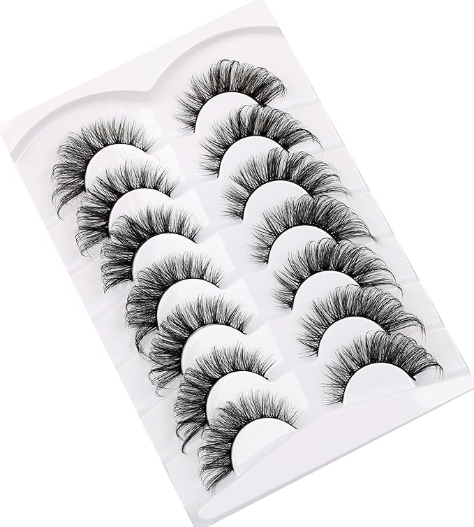 Poolunch False Eyelashes Cat Eye Lashes 8D Volume Wispy Natural Crossed Fake Eyelashes Faux Mink Lashes Strips 7 Pairs Pack