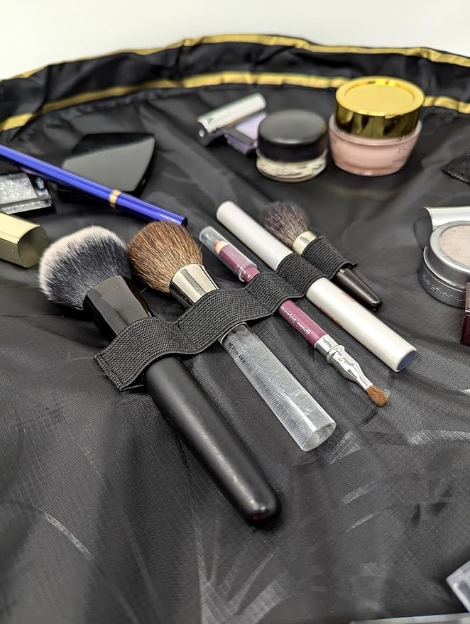 Lay-n-Go Cosmo Drawstring Cosmetic & Makeup Bag Organizer - Portable Drawstring Makeup Bag w/Zipper Pocket, Makeup Loops & More - Durable, Machine Washable Toiletry Bag (20", Black & Gold)