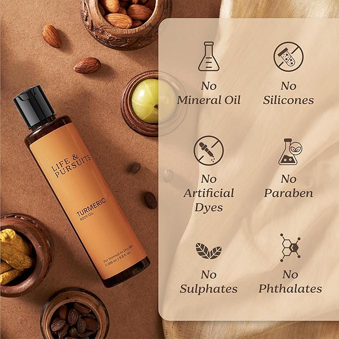 Life & Pursuits Turmeric Body Oil - Ayurvedic Natural Body Massage Oil with Vitamin E, Coconut Oil, Almond & Squalane| Reduces Dark Spots, Brightens Skin (6.8 Fl Oz (1Pack))