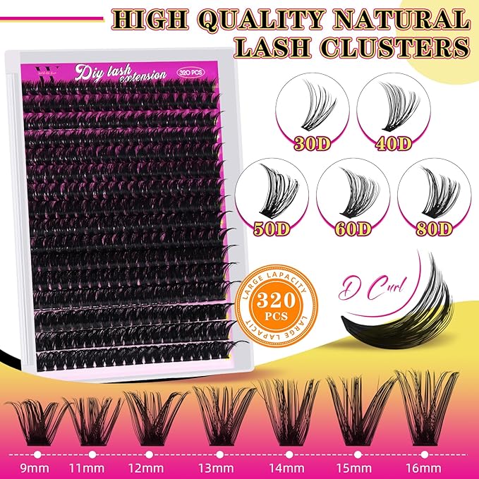 Lash Clusters 320PCS Individual Lashes D Curl Eyelash Clusters Mixed Length Cluster Eyelash Extensions Clusters Lashes with Thin Band Soft False Eyelashes DIY at Home(80D,D-Mix9-16mm)