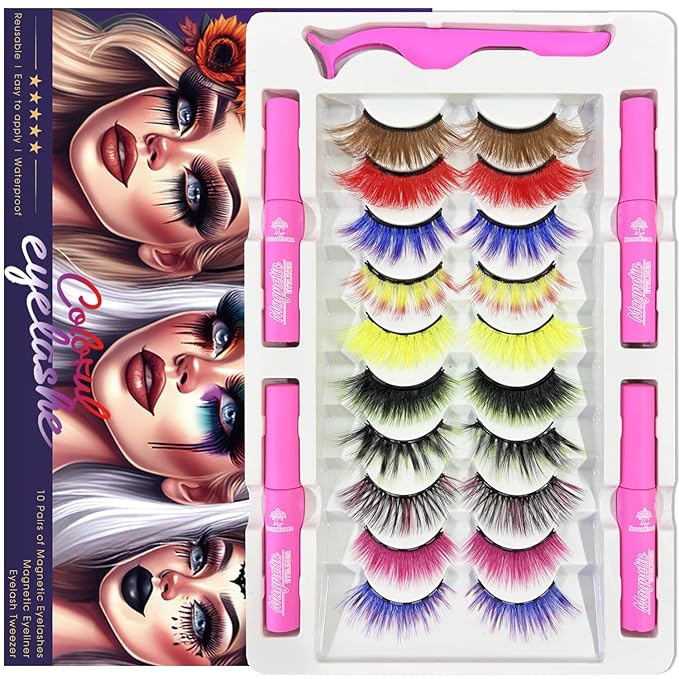 Color Magnetic Eyelashes Colored Magnetic Lashes – The Perfect Glam Pack: 10 Vivacious Styles, 4 Magnetic Eyeliners, Limitless Eye-catching Looks Magnificently, Cruelty-Free & Vegan