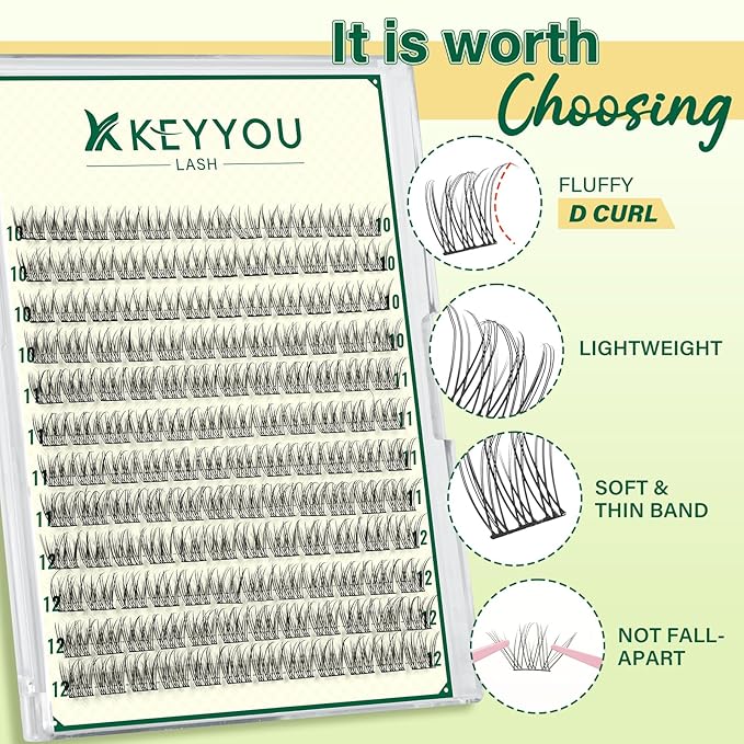 KEYYOULASH Lash Clusters Manga Lash Extension D Curl 144pcs 10-12mm Wispy Eyelash Clusters Natural Volume Eyelash Extensions Individual Lashes DIY at Home(KY10,D-10-12MIX)