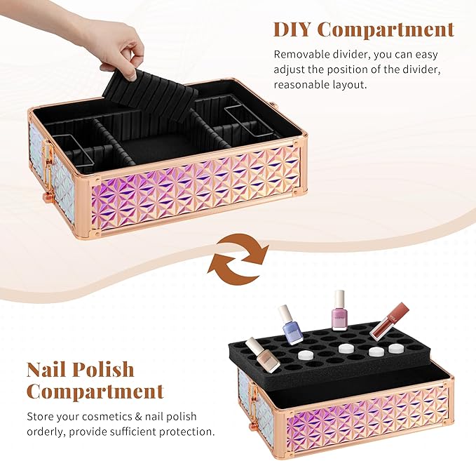 AROUS Rolling Makeup Train Case with 3 Drawers, Cosmetology Case on Wheels Nail Trolley Cart Salon Station Organizer Cases for Nail Tech, Face Painting,Hairstylist, Makeup Artist, Colorful
