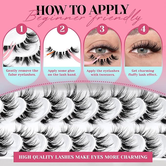 Losha Lashes Wispy Cat Eye Lashes 10 Pairs Natural False Eyelashes with Clear Band 7-16mm Soft Faux Mink Lashes C Curl Lash Strips with Spiky Design (FT01)