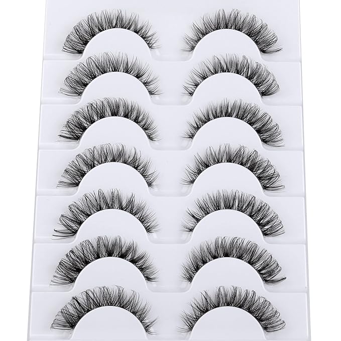 False Eyelashes Wispy Natural C Curl Strip Lashes Transparent Lash Bands Fluffy Cat Eye Lashes 7 Pairs by Yawamica