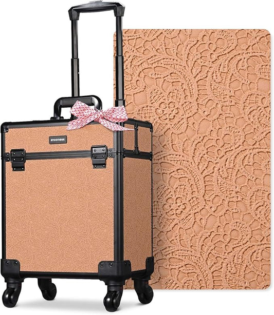 BYOOTIQUE Cosmetology Rolling Case Nail Tech Storage Cart Makeup Torrley Travel Barber Suitcase False Eyelash Storage for Beauty Studio Nail Salon Wedding Make up Attist Manicurist,Rococo Coral