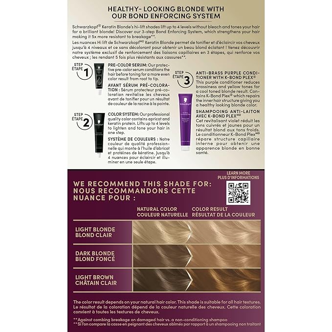 Schwarzkopf Keratin Blonde Hair Dye, 11.0 Natural Blonde, Professional Quality Hi-Lift Permanent Hair Color, Bond Enforcing System Helps Prevent Breakage* Pre-Color Serum & Purple Conditioner Included
