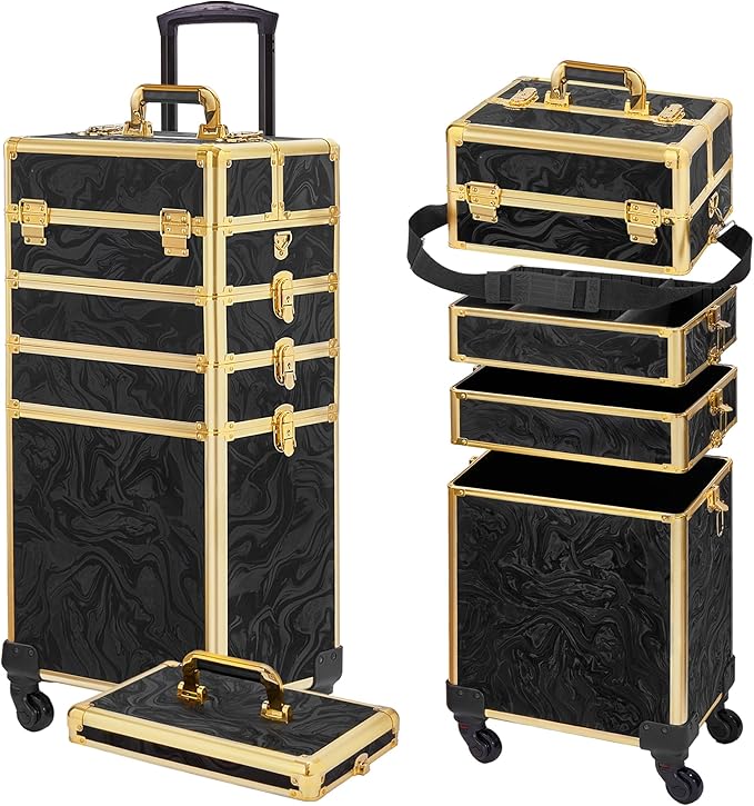 Rolling Makeup Case, Makeup Train Case with Lid, 5 in 1 Cosmetology Case on Wheels, Christmas Gift, Large Makeup Organizers, Profesional Cosmetic Case for Salon Barber, Pattern Black Gold