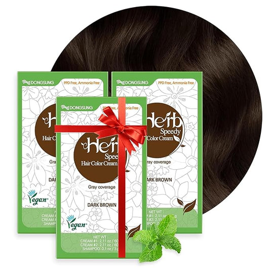 Dongsung Herb Speedy Color Cream (Dark Brown, 3 Pack), PPD-Free Ammonia-Free Vegan Gray Coverage Hair Dye with Sun Protection, Odorless, Gentle for Sensitive Scalp, No Eye or Scalp Irritation