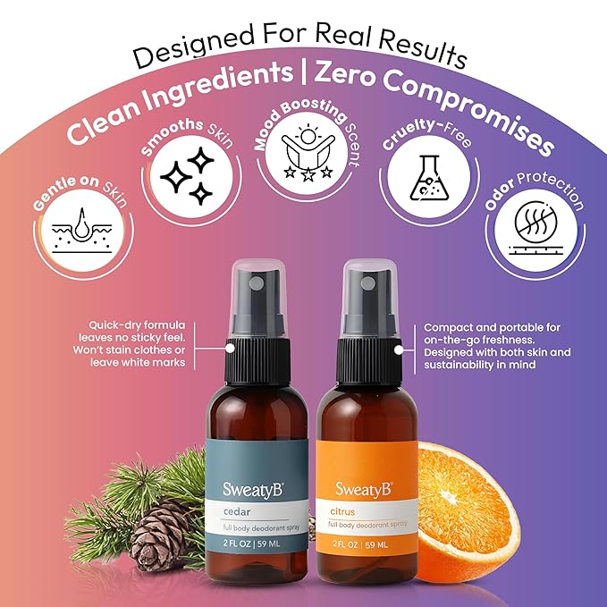 SweatyB® deodorant spray - Odor Protection with whole body deodorant for women & men - Travel Size, Skin-Safe, Vegan & Made in USA - Citrus & Cedar spray - 2 Oz - Pack of 2