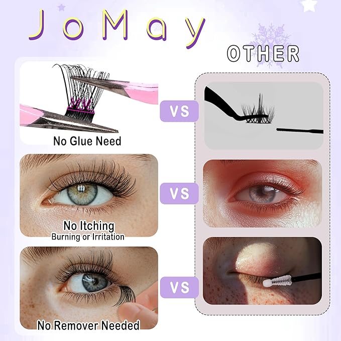 JoMay Self Adhesive Eyelashes, Press on Lashes No Glue Needed, Glueless Lashes Pre-Glued Natural Cluster Extension Kit D Curl For Beginners, No Sticky Residue 1 Step DIY 96PCS 10-16mm X01-X03