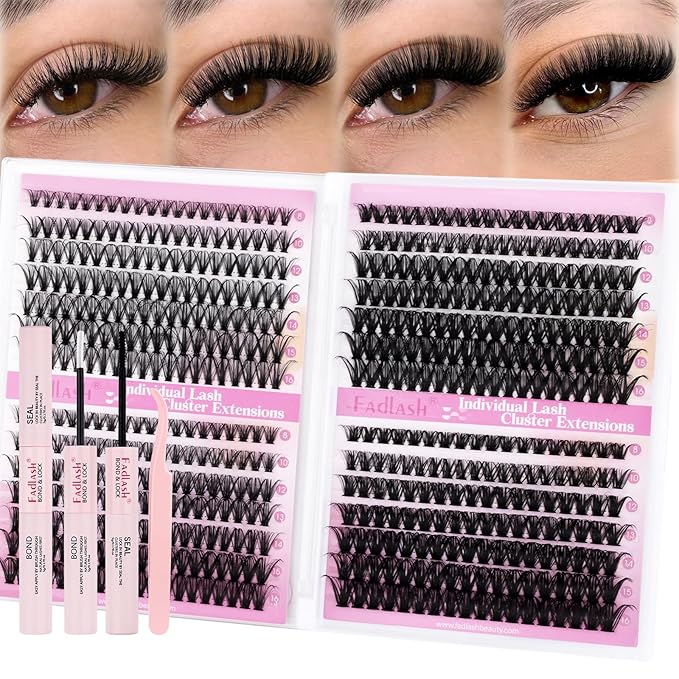 FADLASH Lash Clusters Kit 560Pcs Eyelash Clusters Kit 8-16mm Individual D Curl Cluster Eyelash Extensions with Lash Bond and Seal Lash Tweezers (30D+40D+50D+60D Kit 8-16mm)
