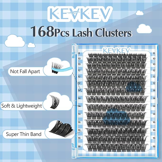 KevKev Lash Clusters 168 Pcs Cluster Lashes DIY Lash Extensions Mixed Styles Individual Lashes Eyelash Clusters Thin Band & Soft False Lashes Wispy Natural Lash Extension Clusters (Cirrus, D-8-18mix)