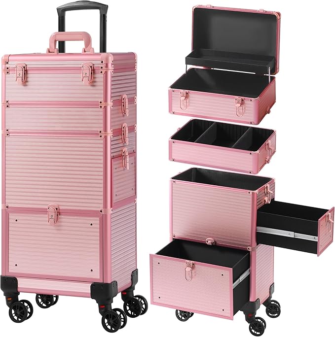 Makeup Train Case with Drawer, Rolling Makeup Case, Cosmetology Case on Wheels, Gift, Travel Makeup Organizers, Profesional Cosmetic Case for Salon Barber,Nail, Tattoo, Pink
