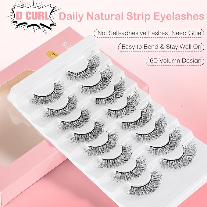 Natural Lashes Spiky False Eyelashes Wispy Look Invisible Band Flared Eyelashes False Eye Lashes Soft Fluffy Lashes 8 Pairs Black 9-15MM