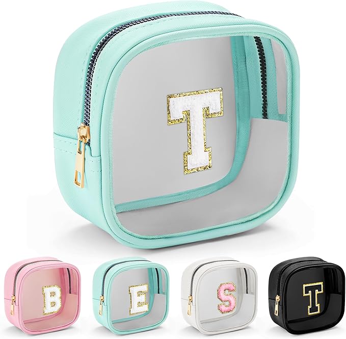 YOOLIFE Initial Make Up Bag Travel Toiletry Bag, Clear Makeup Bag Preppy Cosmetic Bags Organizer Travel Essentials Gifts for Women Teen Girlfriend Teacher Mom Birthday Mothers Day Gifts Blue Mini T