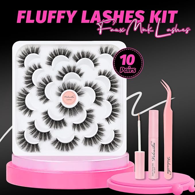 Veleasha Lashes Fluffy False Eyelashes 5D Handmade Faux Mink Lashes 10 Pairs False Lashes Kit with Lash Glue and Lash Tweezers Luxury Volume Fake Eyelashes Cat Eye Lashes Strips (801 Kit)