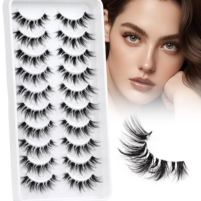 Losha Lashes Wispy Cat Eye Lashes 10 Pairs Natural False Eyelashes with Clear Band 7-16mm Soft Faux Mink Lashes C Curl Lash Strips with Spiky Design (FT01)