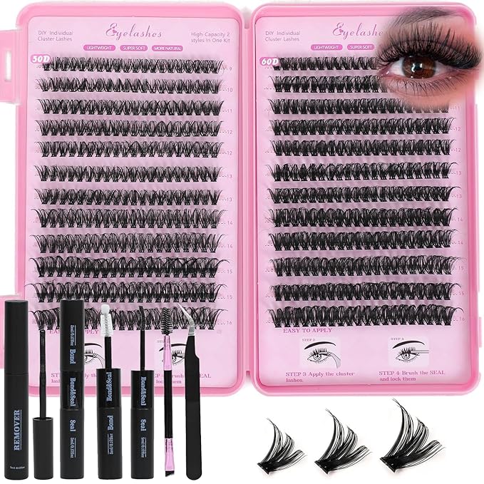 Lash Clusters Kit, Eyelash Clusters Individual Lash Extension Kit 480 Pcs D Curl Fluffy Wispy False Eyelashes Extensions Thin Band with Bond Seal Tweezers Brush Removers (50D+60D Kit 9-16mm)
