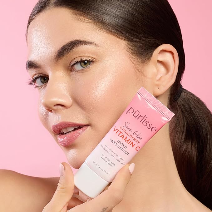 pürlisse Sheer Glow Strawberry Vitamin C Tinted Moisturizer - Skin Tint Moisturizer Enriched with Antioxidants to Even Complexion - Dewy Light Coverage for All Skin Types - Tan Deep (1.4 oz)