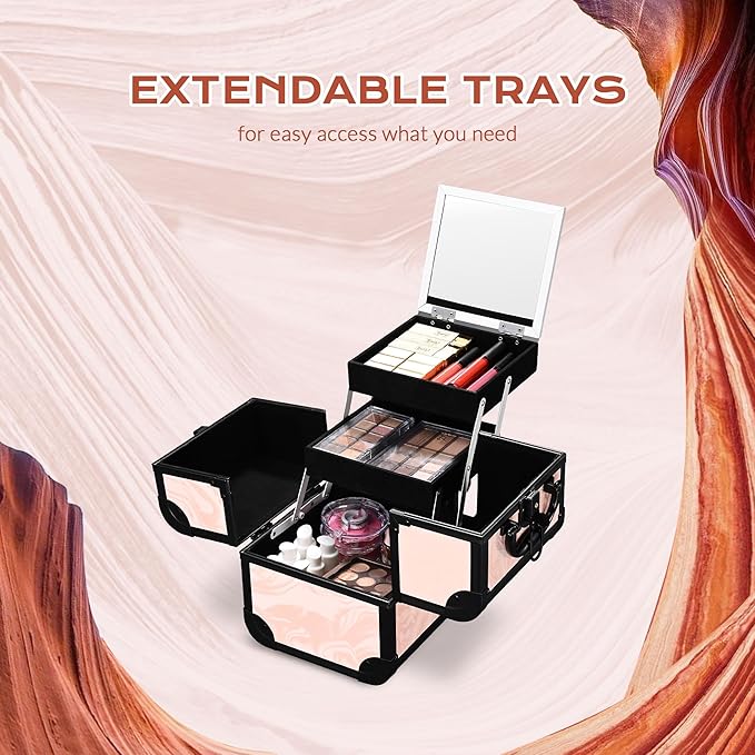 BYOOTIQUE Rolling Makeup Train Case Trolley w/Cube Case Cosmetic Organizer Pink
