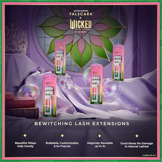 FALSCARA X WICKED: FOR GOOD False Eyelashes, ‘Wickedly Wonderful’, 8mm-10mm Natural Volume, Purple Glitter, Lash Extension Kit Includes Mini BOND, Mini Applicator, & 10 Lash Clusters