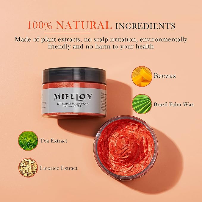 2 Pack Temporary Orange Hair Spray Color Wax with 1 Dye Brush, Instant Natural Hairstyle Cream 4.23 oz, Disposable Coloring Mud for Men Women, Washable Styling Pomades, Party Cosplay DIY Halloween