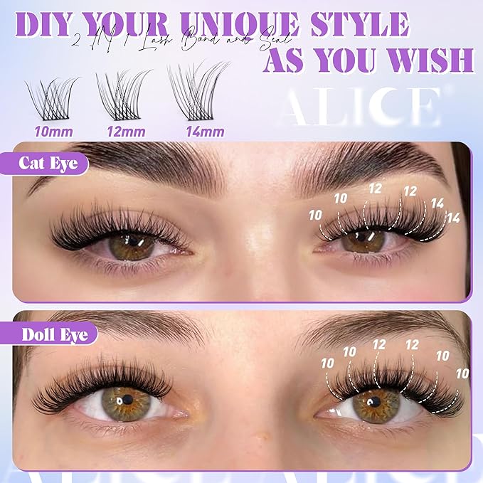 ALICE Wispy Lash Clusters Kit, Natural Lash Extension Kit Cluster Eyelash Extension Kit, 162pcs C-Curly 10-14mm Eyelash Clusters with Lash Glue Bond and Seal Tweezers