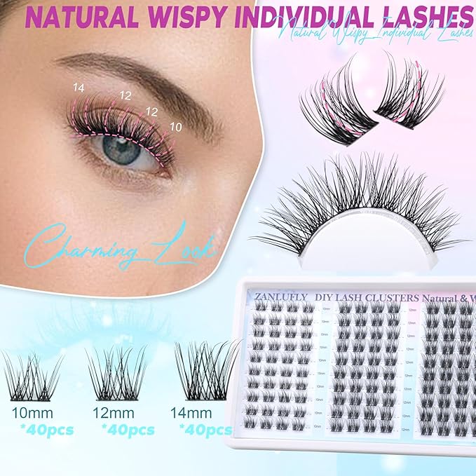 Lash Clusters Natural Eyelash Clusters D-Curly Cluster Lashes zanlufly Wispy Individual Lashes Cluster Eyelash Extension 10 12 14MM DIY Lash Extension