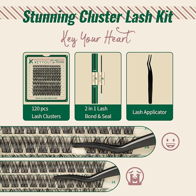 Lash Extension Kit 120pcs Lash Clusters Lash Bond and Seal Eyelash Extension Kit KEYYOU D Curl 8-18MIX Soft Natural Lashes with Lash Applicator for DIY at Home(Kit-DV02-8-18MIX)