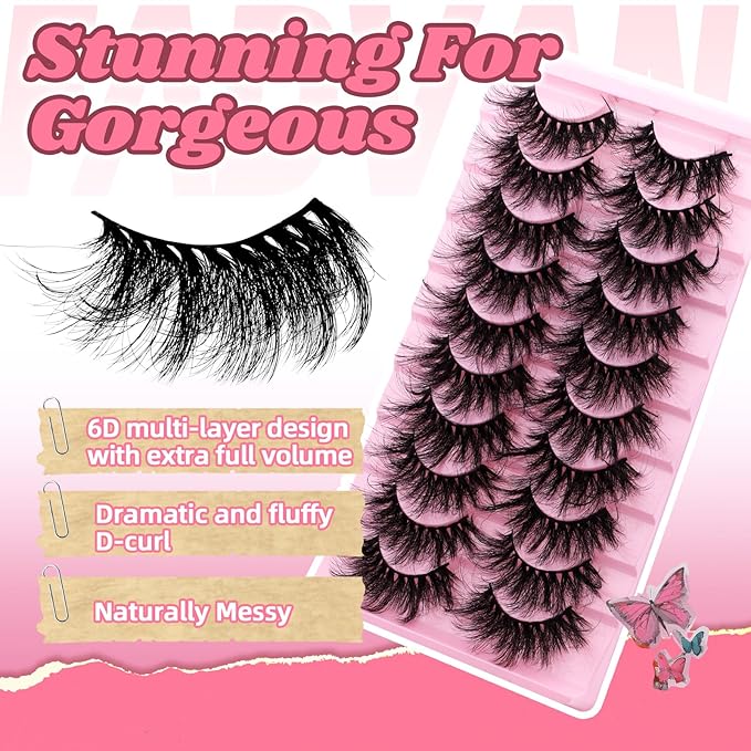 FADVAN False Eyelashes Faux Mink Lashes 6D Volume Full Cat Eye Long Dramatic Strip Lashes That Look Like Extensions With Lash Glue Thick Cat Eye False Eyelashes Pack 10 Pairs-D02