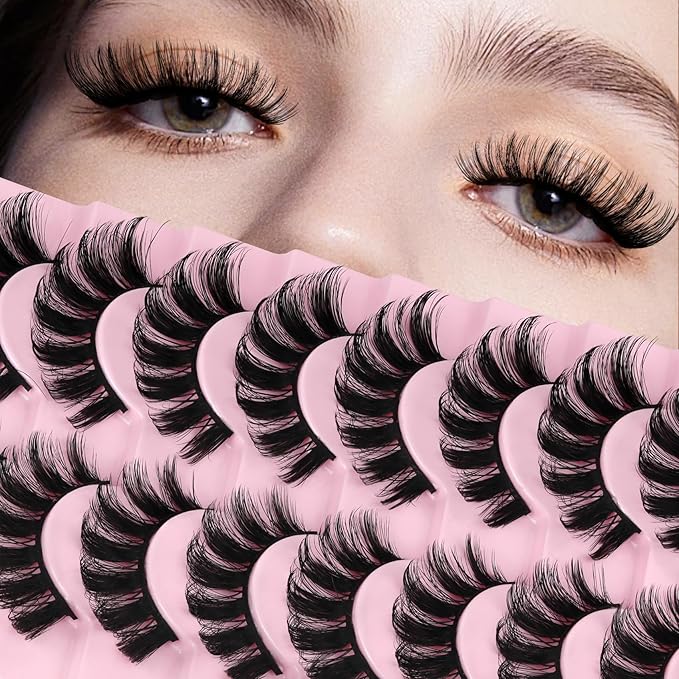 Ahrikiss Lashes Russian Strip Lashes That Look Like Extensions D Curl Fluffy False Eyelashes 10 Pairs 3D Volume Fake Lashes Wispy Faux Mink Lashes Natural Look (D19)