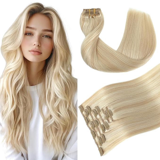 Youngsmile Clip in Hair Extensions Human Hair, Real Human Hair Clip In Extensions,Soft Silk Human Hair,Caramel Blonde with Platinum Blonde, 14 Inch 120 Grams 7Pcs (CLIP#27P60-14inch)