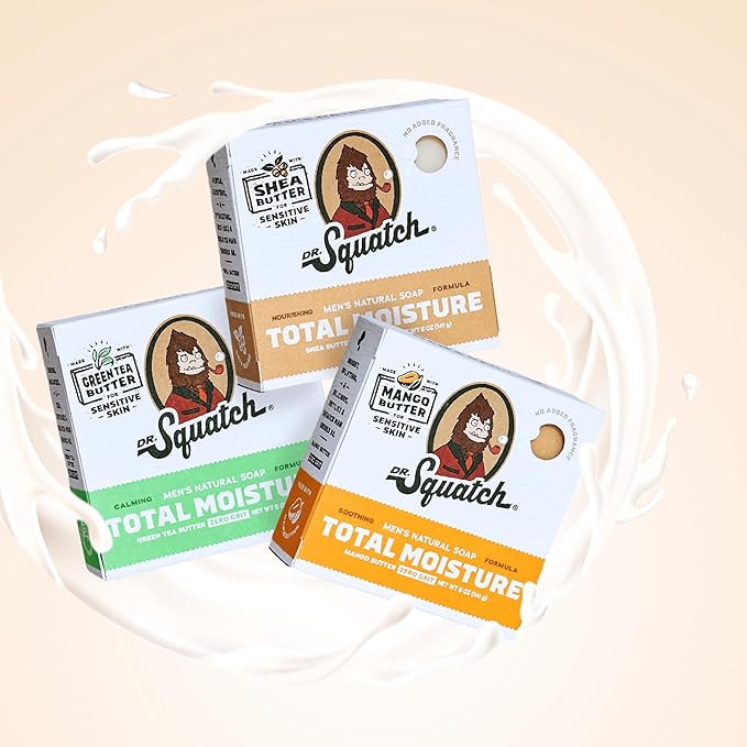 Dr. Squatch NEW Total Moisture Bar Soap for Men - No Added Fragrance Formulated for Sensitive Skin - Shea Butter (5 oz, 3-pack)