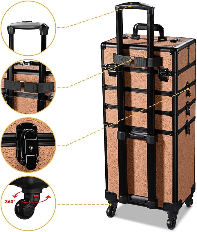 BYOOTIQUE 4in1 Cosmetology Rolling Case Nail Tech Storage Cart Makeup Torrley Travel Barber Suitcase False Eyelash Storage for Beauty Studio Nail Salon Wedding Make up Attist Manicurist,Rococo Coral