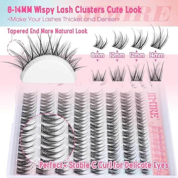 Self Adhesive Eyelashes Wispy Lash Clusters D-Curly Pre Glued Eyelashes Clusters 8-14MM Natural Press on Cluster Lashes Easy to Apply Self Adhesive Lash Clusters No Glue Needed by JIMIRE