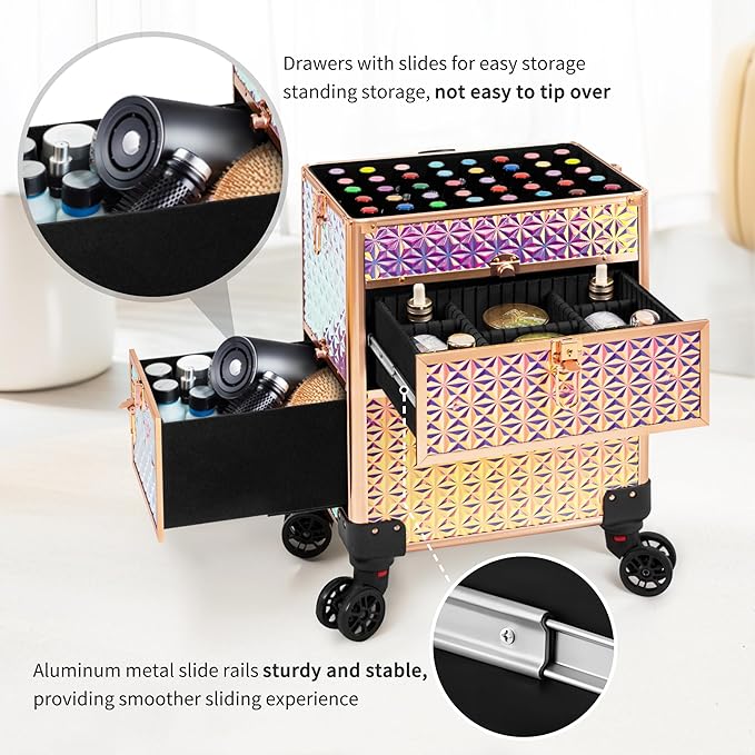 AROUS Rolling Makeup Train Case with 3 Drawers, Cosmetology Case on Wheels Nail Trolley Cart Salon Station Organizer Cases for Nail Tech, Face Painting,Hairstylist, Makeup Artist, Colorful