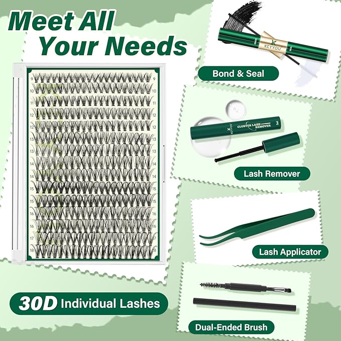 KEYYOU Lash Extension Kit DIY 300Pcs Lash Clusters Eyelash Extension Kit 30D D Curl 9-18MIX Lash Clusters Kit with Lash Glue Remover Applicator Easy to Use for Beginners(Kit,30D-D,9-18MIX)