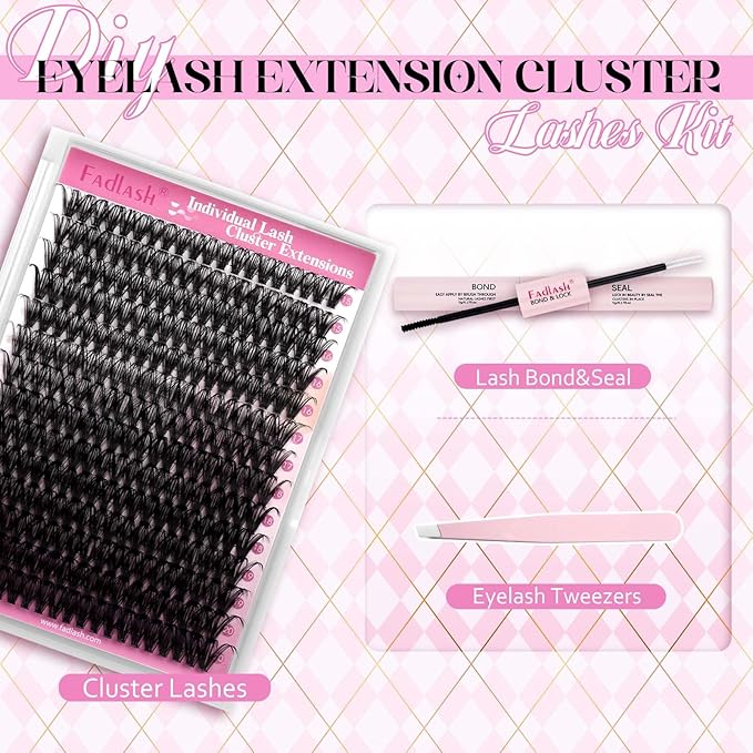 FADLASH DIY Lash Extension Kit Individual Lashes Cluster D Curl Eyelash Extension Kit with Lash Bond and Seal and Lash Applicator Tool for Self Application at Home (40D-0.07D-15-20MIX KIT)