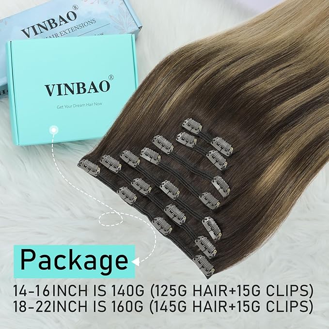 VINBAO Thicker Clip in Hair Extensions Real Human Hair, 16inch 140g 7Pcs, 2/6/18 Balayage Dark Brown to Dirty Blonde, Human Hair Clip in Hair Extensions Double Weft (#HC2618,16'')