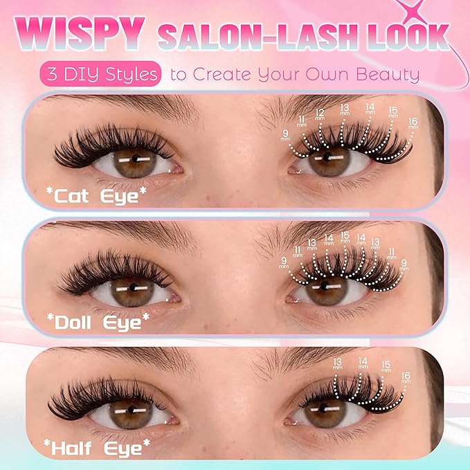 Lash Clusters DIY Lash Extensions 30D 40D Individual Lashes 266Pcs 9-16MM Mixed Wispy Natural Eyelash Extensions D Curl Thin Band Volume Cluster Lashes (30D+40D)