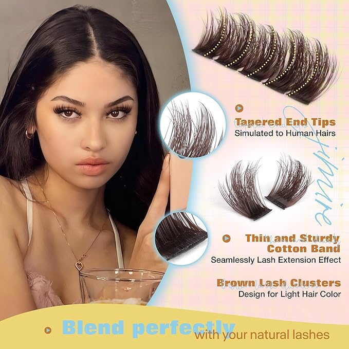 JIMIRE Manga Brown Lash Clusters Wispy Fairy Brown Eyelash Clusters with Spikes 14-18MM Fluffy Cluster Eyelash Extensions Easy to Apply DIY Dark Brown Individual Lashes Extension at Home