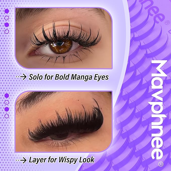 Mavphnee Lash Spikes Manga Lashes Extensions Anime Lash Clusters Spiky Eyelash Individuals 13-21MM Long Cluster Eyelash Extensions D-Curly Fairy Individual Cluster Lashes Pack 180Pcs