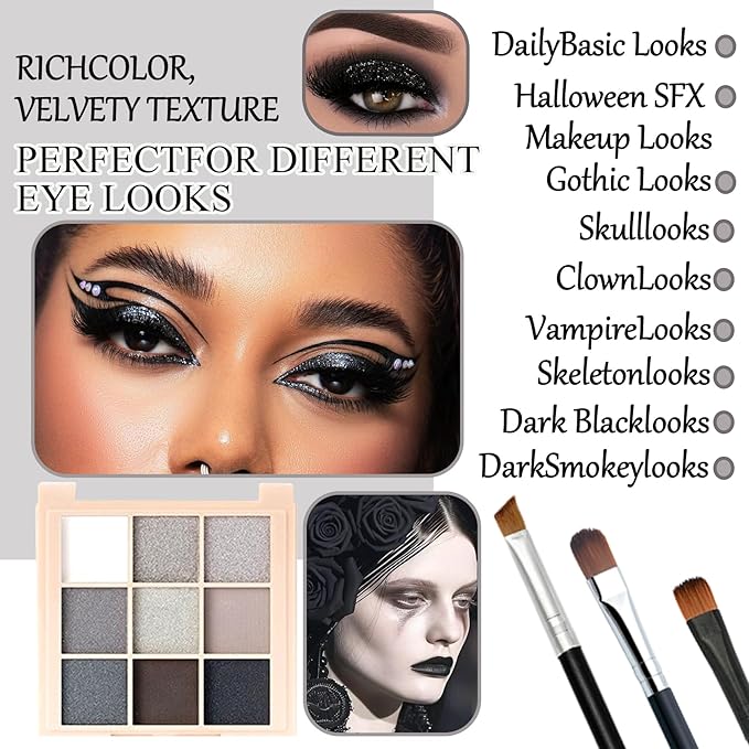Black Grey Smoky Eyeshadow Palette,15 Colors Matte Shimmer Pigmented Eye Shadow Makeup Palette Set with 3 Eyeshadow Brushes,Glitter Eyeshadow Makeup Palette for Daily Halloween Goth Makeup(F)