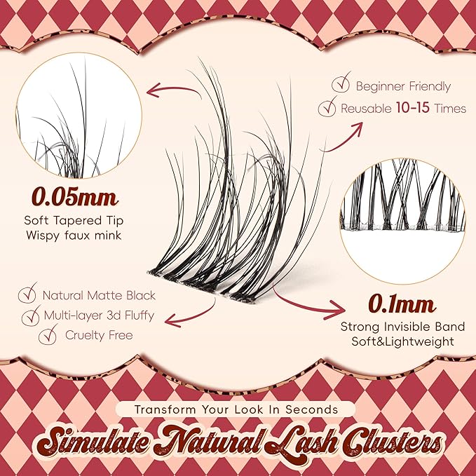 Lash Clusters 0.05mm PBT Fiber Eyelash Clusters, 0.1mm Superfine Invisiband D Curl Diy Lash Extension, 80pcs 8-16mm Individual Lashes Clusters Like Eyelash Extensions (Divine-D-8-16Mix)
