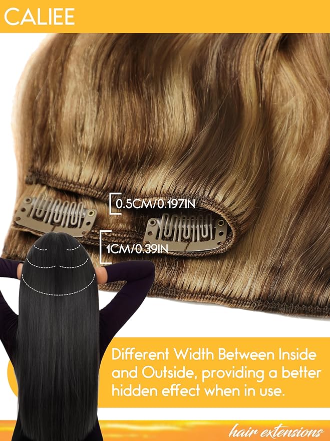 Caliee Curly Clip in Hair Extensions 20Inch Natural Wave Curly Thick End Full Head 8A Grade Remy Human Hair Extensions Highlight Dark Brown Mixed with Strawberry Blonde #P4/27 with 7Pcs/Set 120G