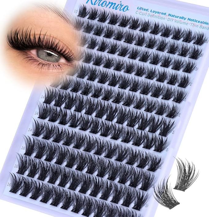 Kiromiro Lash Clusters 10-16mm Cluster Eyelash Extensions Wispy DIY Cluster Lashes Extension 144pcs Individual Lashes Nautral Eyelash Clusters C Curly Lashes Clusters