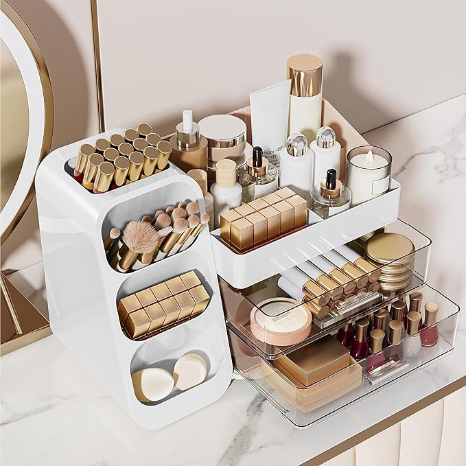 Delamu Makeup Organizer Countertop, Spacious Cosmetic Display Case with Makeup Brush Holder, Perfect Vanity Bathroom Organizer and Storage Solution for Skincare & Beauty Essentials, White